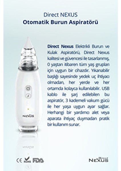 Elektrikli Burun Aspiratörü 3 Kademeli Vakum Gücü ve Taşınabilir Tasarım ile Bebekler İçin