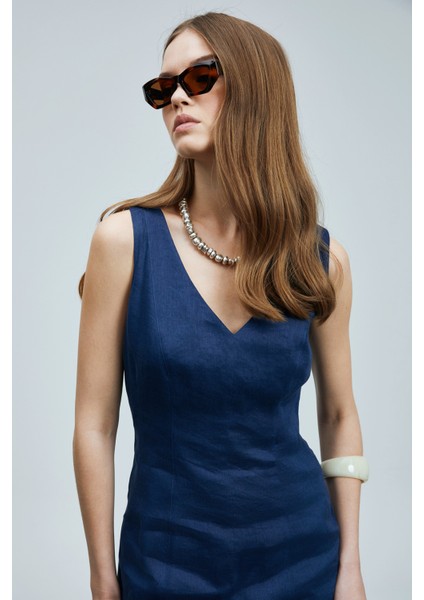 Honey Kadın Kolsuz Keten Elbise Lacivert