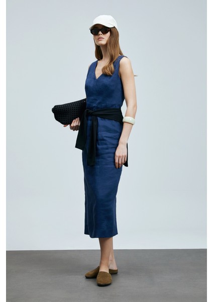 Honey Kadın Kolsuz Keten Elbise Lacivert