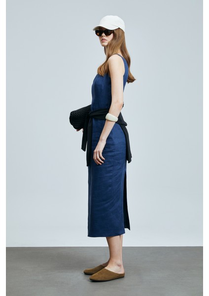 Honey Kadın Kolsuz Keten Elbise Lacivert