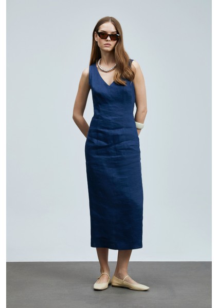 Honey Kadın Kolsuz Keten Elbise Lacivert