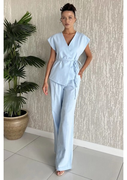 Bel Bağlamalı Astarlı Kadın Yelek Pantolon Keten Ikili Takım P-00017790