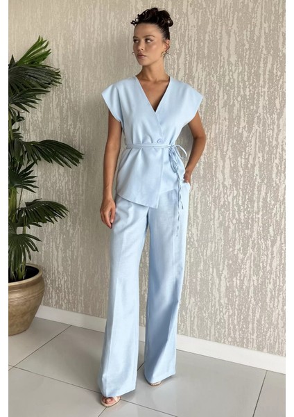 Bel Bağlamalı Astarlı Kadın Yelek Pantolon Keten Ikili Takım P-00017790 fiyatları