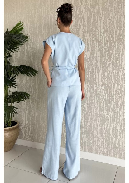 Bel Bağlamalı Astarlı Kadın Yelek Pantolon Keten Ikili Takım P-00017790 fırsatları