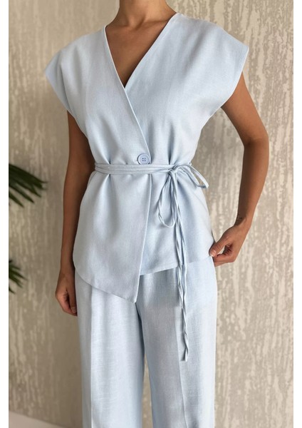 Bel Bağlamalı Astarlı Kadın Yelek Pantolon Keten Ikili Takım P-00017790 indirimleri