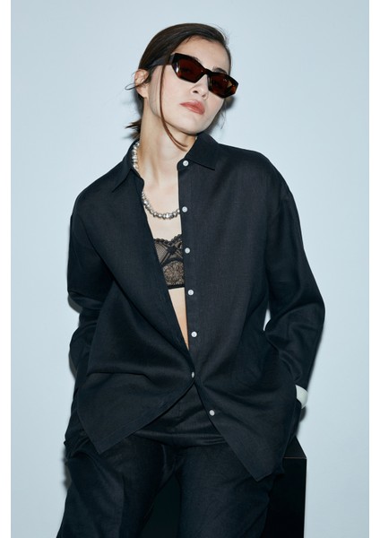 Barrı Kadın Keten Gömlek Siyah