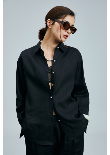 Barrı Kadın Keten Gömlek Siyah