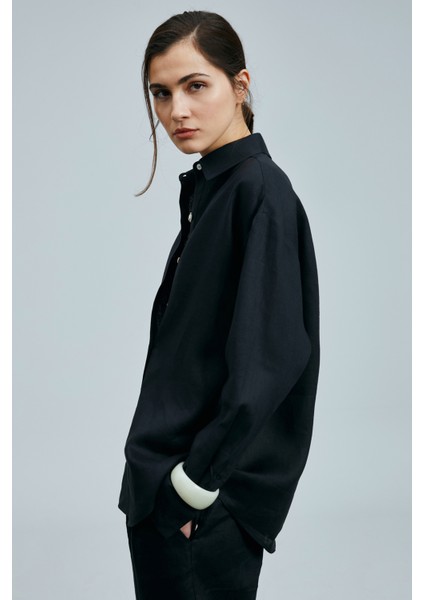 Barrı Kadın Keten Gömlek Siyah