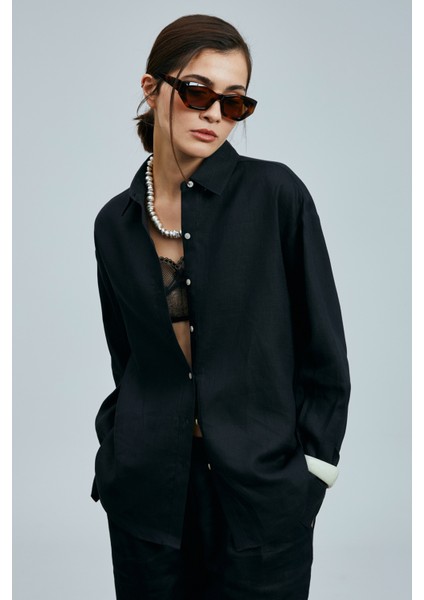Barrı Kadın Keten Gömlek Siyah