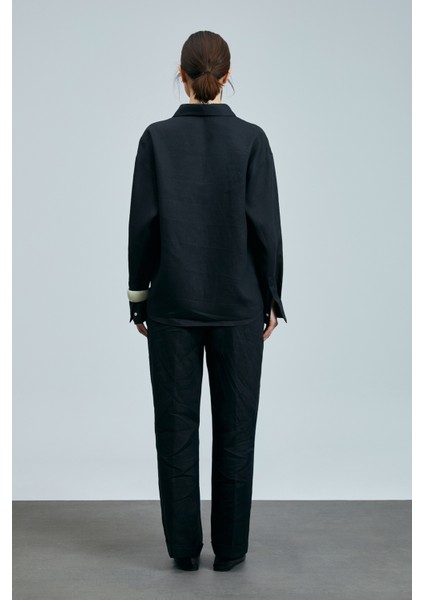 Barrı Kadın Keten Gömlek Siyah