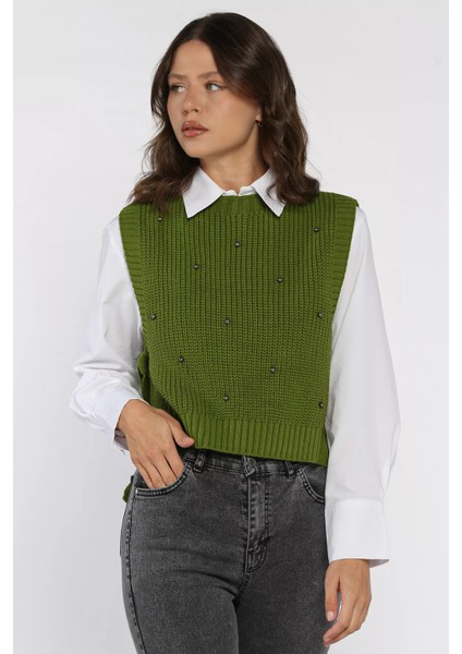 Yan Bağlamalı Incili Triko Süveter (S-M-L-Xl Uyumludur) P-00017994