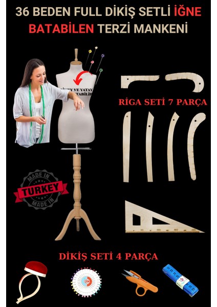 36 Beden Full Iğne Batabilen Dikiş Setli ve Riga Setli Terzi Mankeni Ham Takım