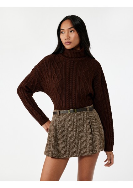 Uzun Kollu Balıkçı Yaka Saç Örgü Oversize Kazak