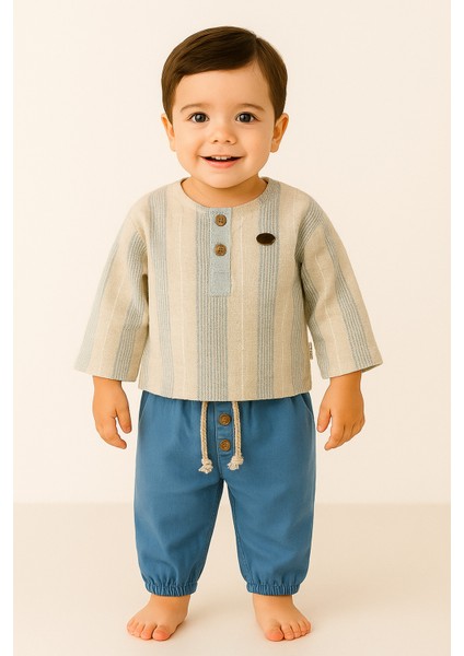 Çizgili Uzun Kol %100 Pamuk Müslin Kumaş Bebek ve Çocuk Erkek Ikili Takım