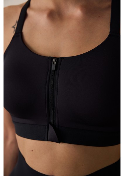 Siyah Yüksek Destekli Fermuarlı Premium Spor Sütyeni fiyatları