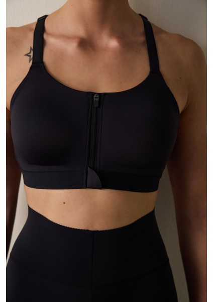 Siyah Yüksek Destekli Fermuarlı Premium Spor Sütyeni fırsatları