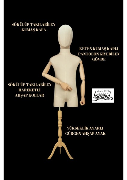 6 Yaş Keten Kumaşlı Ahşap Kollu Kumaş Kafalı Çocuk Terzi Mankeni Vitrin Mankeni modelleri