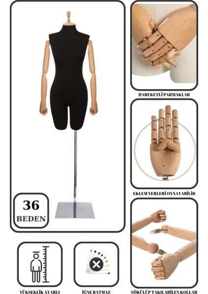 36 Beden Ahşap Kollu Iğne Batmaz Vitrin Amaçlı Terzi Mankeni Vitrin Mankeni Siyah Kumaş Metal Takım