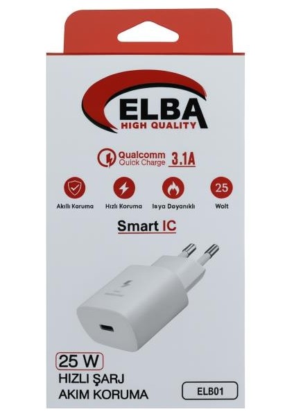 ELB42 Beyaz 25W Şarj Kafa+ Iphone Kablo Usb-C Pd3.0-Qc4.0(Akım Koruma-Hızlı Şarj-) modelleri