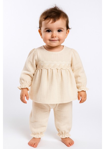 Dantel Detaylı %100 Pamuk Müslin Kumaş Bebek ve Çocuk Kız Ikili Takım