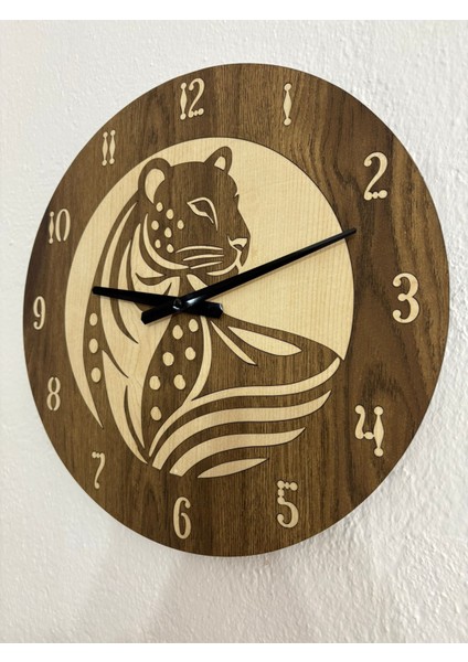 Safari Serisi - Leopar - Ahşap Duvar Saati - 40 cm (Çift Katmanlı Ahşap)