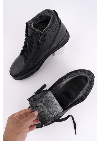 Titan Hakiki Deri Içi Kürklü Fermuarlı ve Bağcıklı Erkek Kışlık Bot