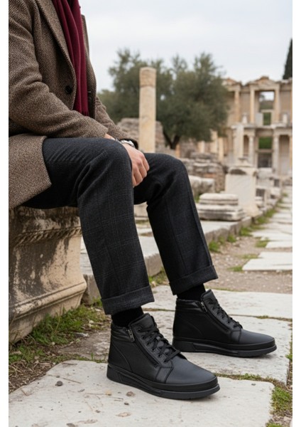 Titan Hakiki Deri Içi Kürklü Fermuarlı ve Bağcıklı Erkek Kışlık Bot