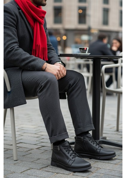 Titan Hakiki Deri Içi Kürklü Fermuarlı ve Bağcıklı Erkek Kışlık Bot