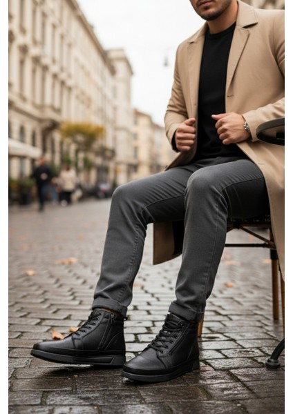 Titan Hakiki Deri Içi Kürklü Fermuarlı ve Bağcıklı Erkek Kışlık Bot