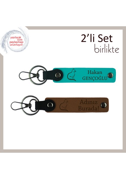 Tatlı Miyavlarla Gülen Kalplere, Patili Desenli, Kişisel Anahtarlık, Koyu Turkuaz-Açık Kahve