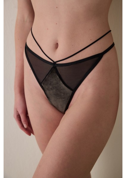 Siyah Kadife Detaylı Normal Bel String Külot