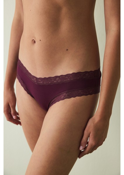 Bordo Dantelli Pamuklu Normal Bel Slip Külot