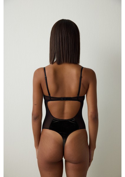 Siyah Balenli Kaplı Kadife Tanga Bodysuit indirimleri