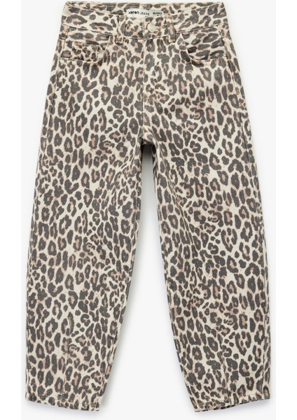Pamuklu Rahat Kalıp Leopar Desenli Balon Form Denim Pantolon