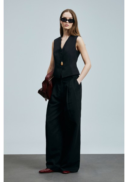 Asıa Kadın Lyocell Karışımlı Keten Pantolon Siyah