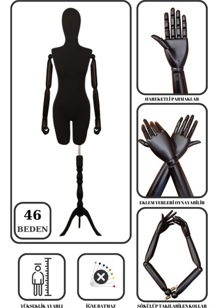 46 Beden Ahşap Kollu Iğne Batmaz Vitrin Amaçlı Terzi Mankeni Vitrin Mankeni