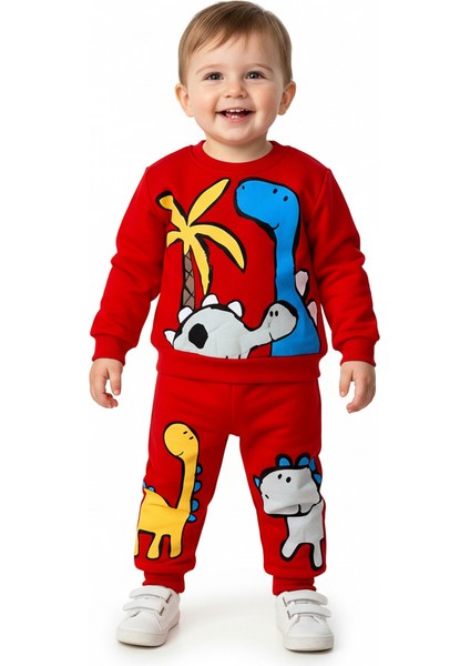 Kırmızı Dinozor Baskılı Erkek Çocuk Kışlık Ikili Takım