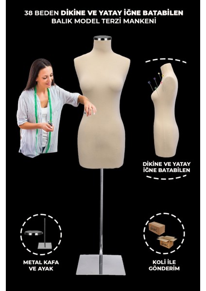 Balık Model Süngerli 38 Beden Dik ve Yatay Iğne Batabilen Terzi mankeni Prova Mankeni Metal Ayak