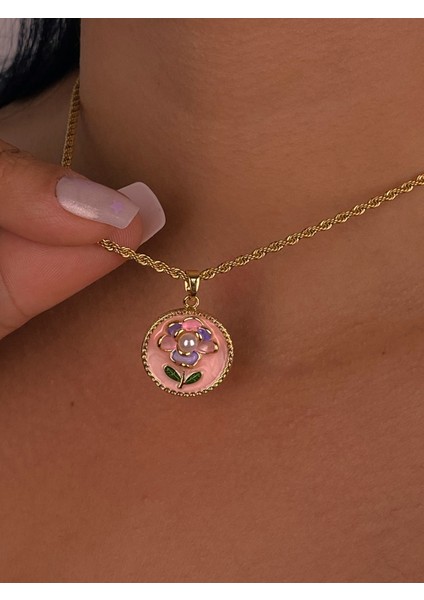 Gold Lila Pembe Çiçek Motif Çelik Kolye Ince Zincir Zarif Hediye Mineli Trend Lüx Kadın fiyatları