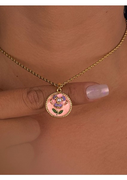Gold Lila Pembe Çiçek Motif Çelik Kolye Ince Zincir Zarif Hediye Mineli Trend Lüx Kadın modelleri