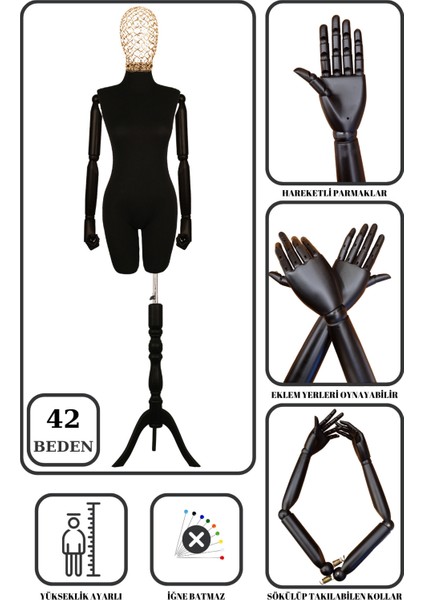 42 Beden Yüksek Kalite Tel Kafalı Ahşap Kollu Pantolon Giyebilen Terzi Mankeni