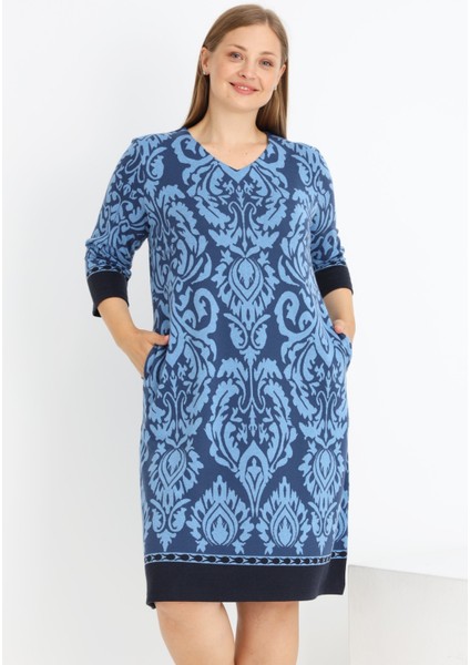 Kadın Büyük Beden Truvakar Kollu Cepli Likralı V Yaka Elbise