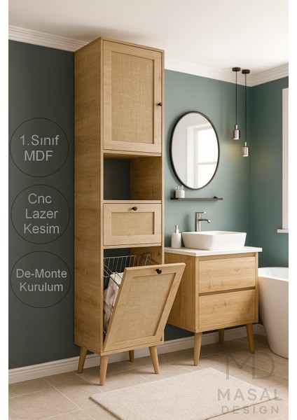 Luna 197CM Iskandinav Jüt Kumaşlı Mdf Kirli Çamaşır Sepetli Banyo Dolabı Y197XG47XD35