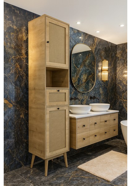 Luna 197CM Iskandinav Jüt Kumaşlı Mdf Kirli Çamaşır Sepetli Banyo Dolabı Y197XG47XD35 fiyatları