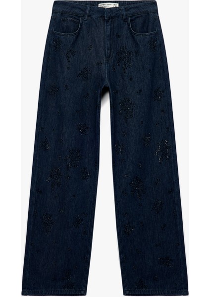 Pamuklu Rahat Kalıp Düz Paça Taşlı Jean Pantolon - Loose Straight Fit Jean