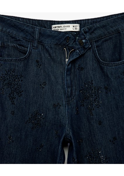 Pamuklu Rahat Kalıp Düz Paça Taşlı Jean Pantolon - Loose Straight Fit Jean fırsatları