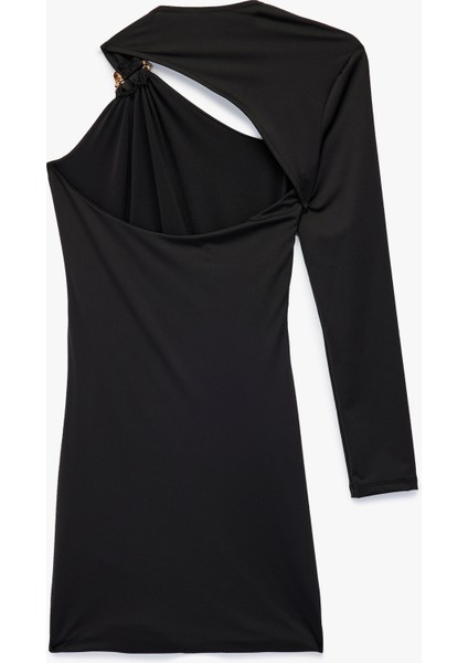 Asimetrik Yaka Pencere Detaylı Uzun Kollu Metal Aksesuarlı Mini Abiye Elbise fiyatları