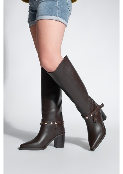 Kadın Sivri Burun Fermuarsız Çıkarılabilen Tokalı Troklu Zımbalı Topuklu Çizme Fuslep fiyatları