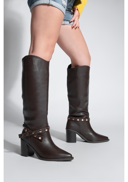 Kadın Sivri Burun Fermuarsız Çıkarılabilen Tokalı Troklu Zımbalı Topuklu Çizme Fuslep indirimleri