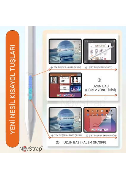 Apple iPad 7/8/9 Nesil 10.2 Inç ile Uyumlu Bluetooth Dokunmatik Tablet Kalemi BP26BL Pil Ekranlı Kısayol Tuşlu Stylus Pencil
